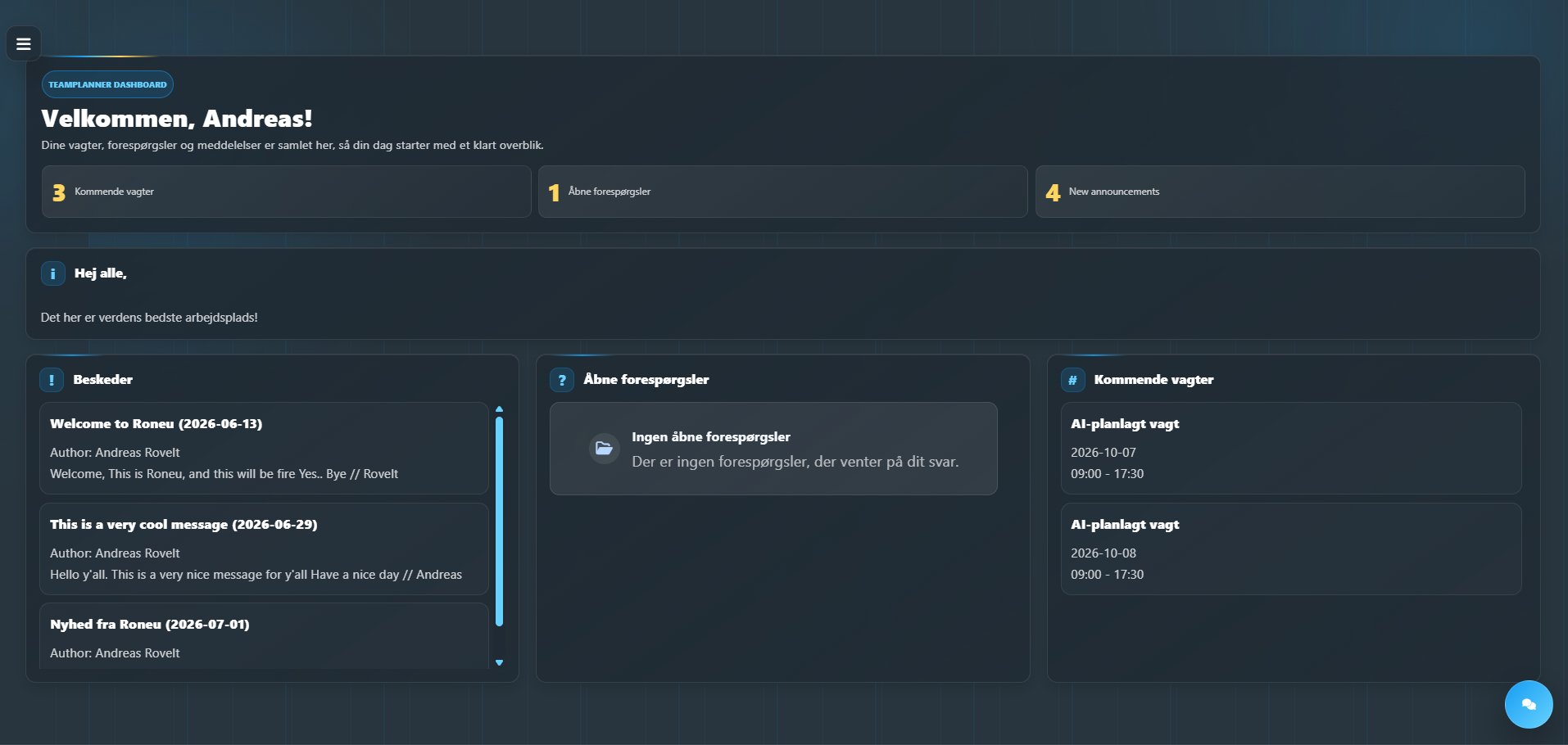 TeamPlanner-dashboard på desktop med overblik over vagter og forespørgsler
