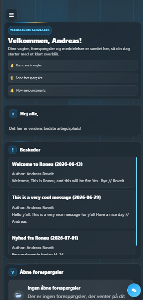 TeamPlanner-dashboard på mobil med overblik over vagter og forespørgsler