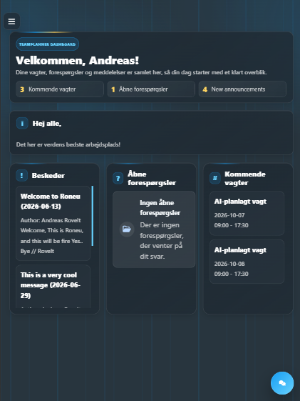 TeamPlanner-dashboard på tablet med overblik over vagter og forespørgsler
